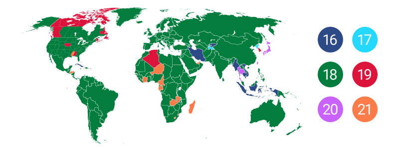 Countries where the minimum age is not 18 or 21